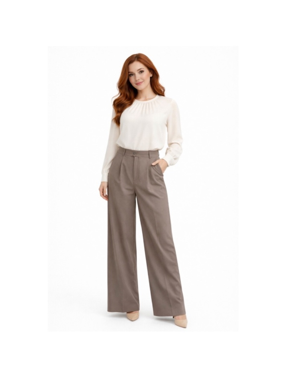 Pleated Wide-Leg High Waist Pants in Taupe